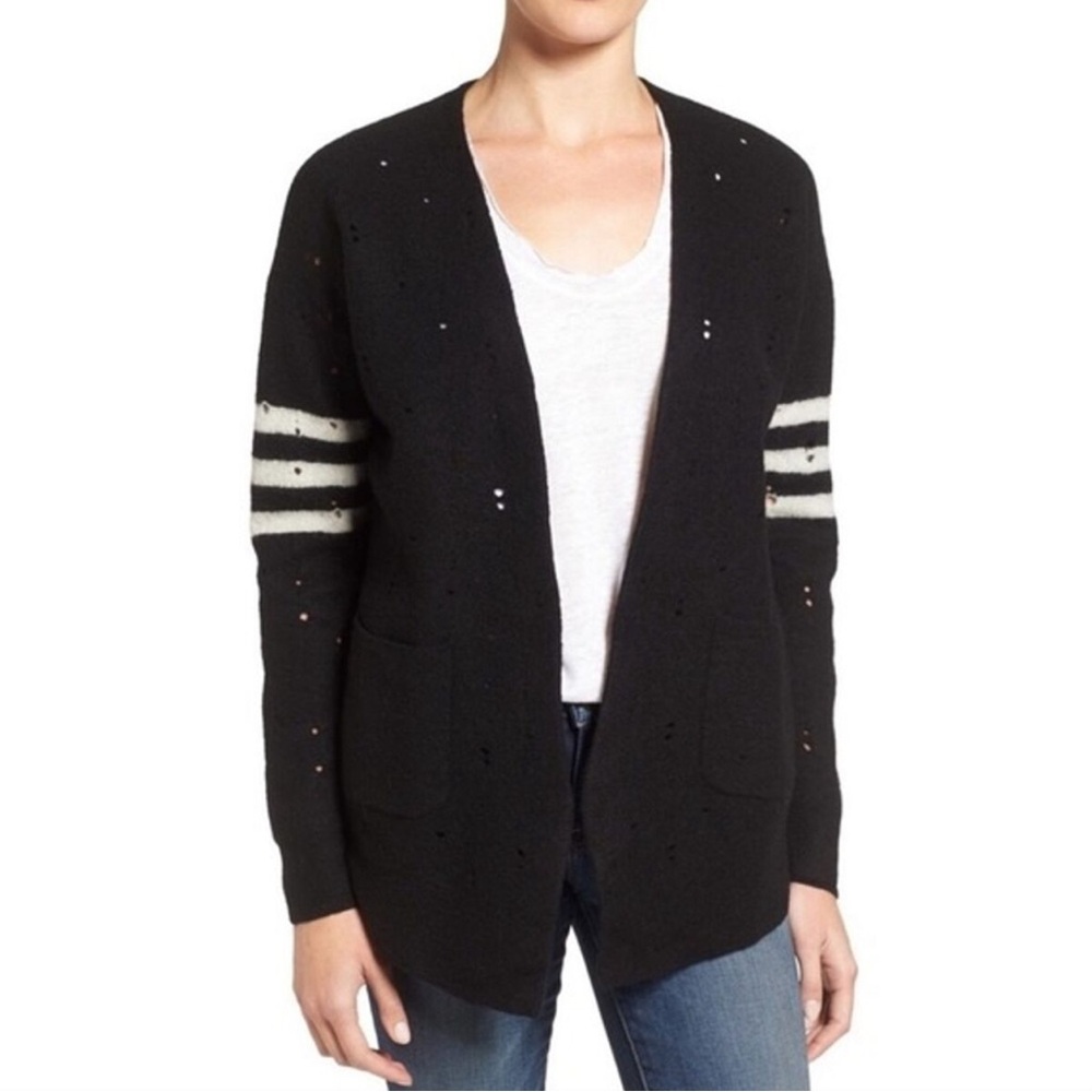 Current/Elliott Striped Wool Open Front Destroyed Cardigan